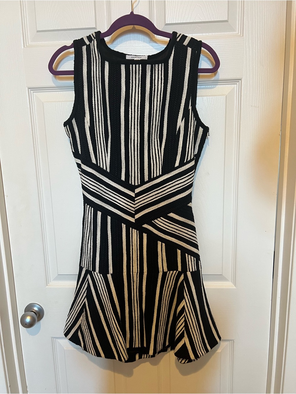 Carven Black and Cream Striped Sleeveless Fit-and-Flare Mini Dress MMO
